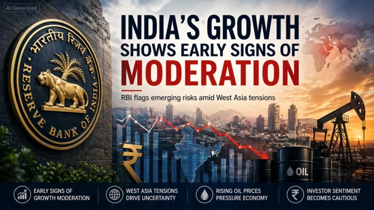 India’s economic growth shows early signs of moderation as RBI flags risks amid West Asia tensions, with falling market graph and oil price impact visual