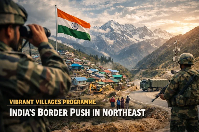 Indian border village in Arunachal Pradesh with new road construction, military presence, telecom tower, and Himalayan mountains under the Vibrant Villages Programme