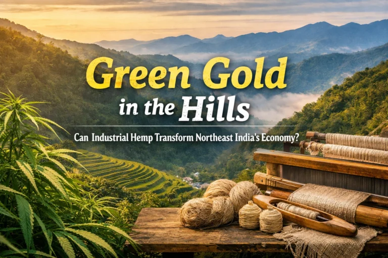 Industrial hemp cultivation and handloom weaving in Northeast India, illustrating its potential as a global sustainable textile hub.
