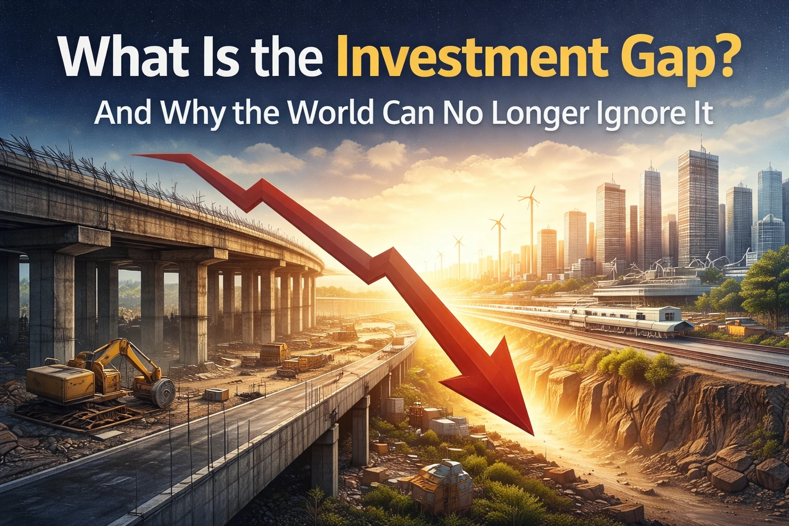Illustration of global investment gap showing incomplete infrastructure and economic disparity