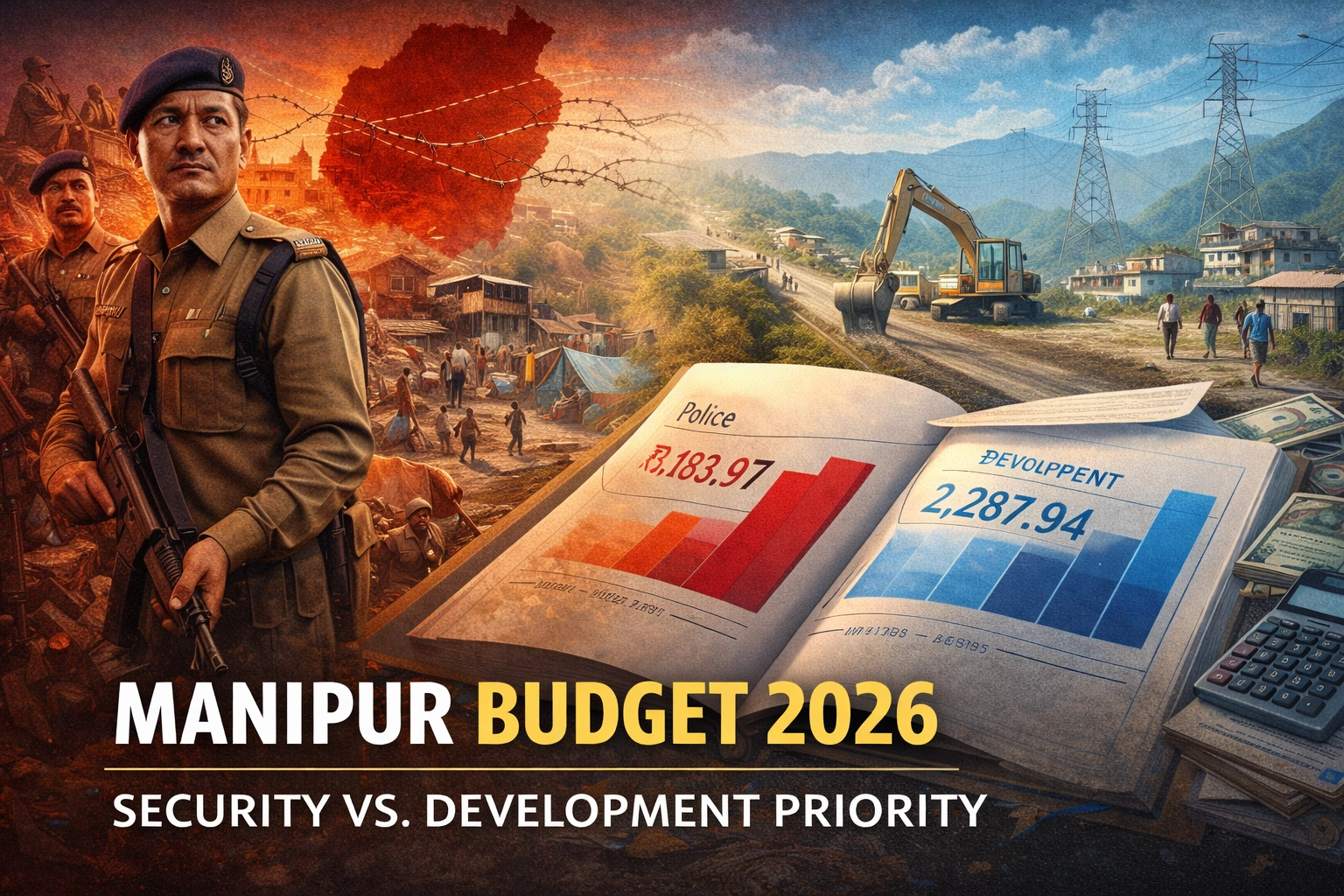Illustration of Manipur Budget 2026 showing contrast between high police spending and development activities like infrastructure and community growth
