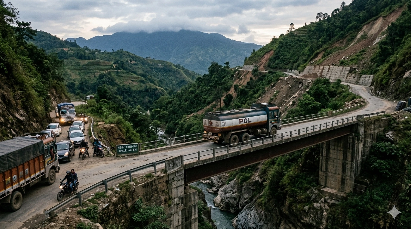 A heavy fuel tanker labeled "POL" crossing a narrow concrete bridge over a deep river gorge in the rugged, mountainous terrain of Mizoram, Northeast India.