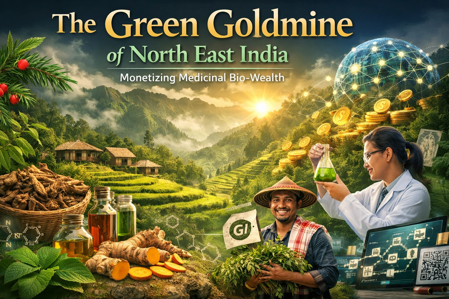 Illustration of North East India’s medicinal plant bio-economy showing forests, herbal resources, and value-added processing with digital traceability elements