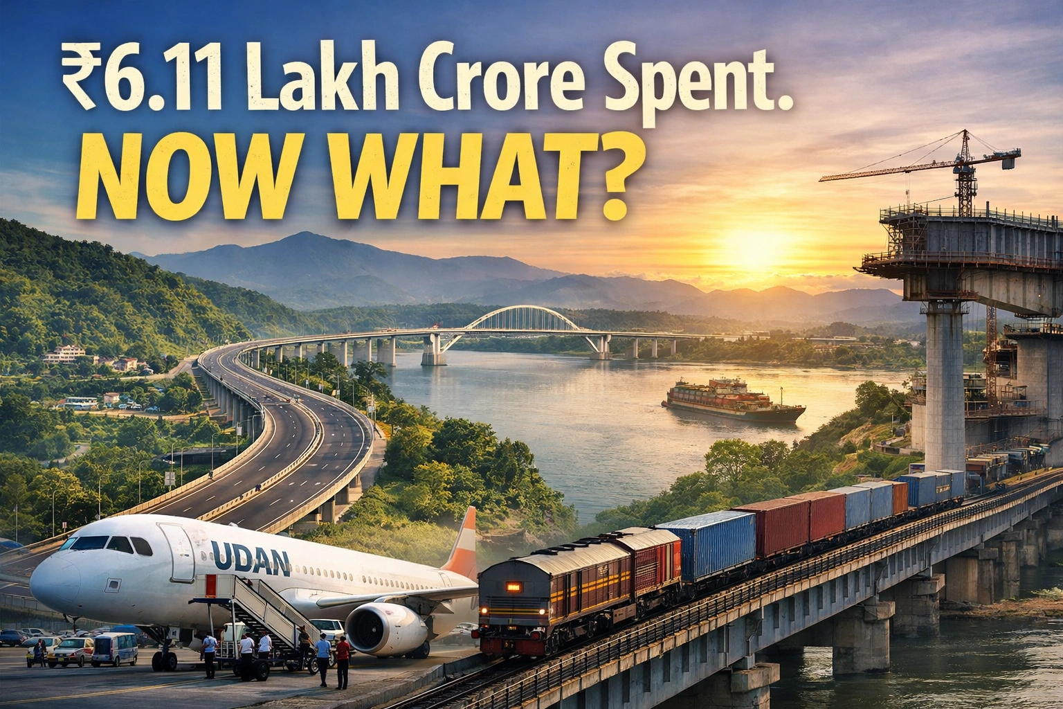Northeast India infrastructure growth showing highways, railway bridge, cargo transport on Brahmaputra river and UDAN aircraft symbolising ₹6.11 lakh crore investment under Act East Policy