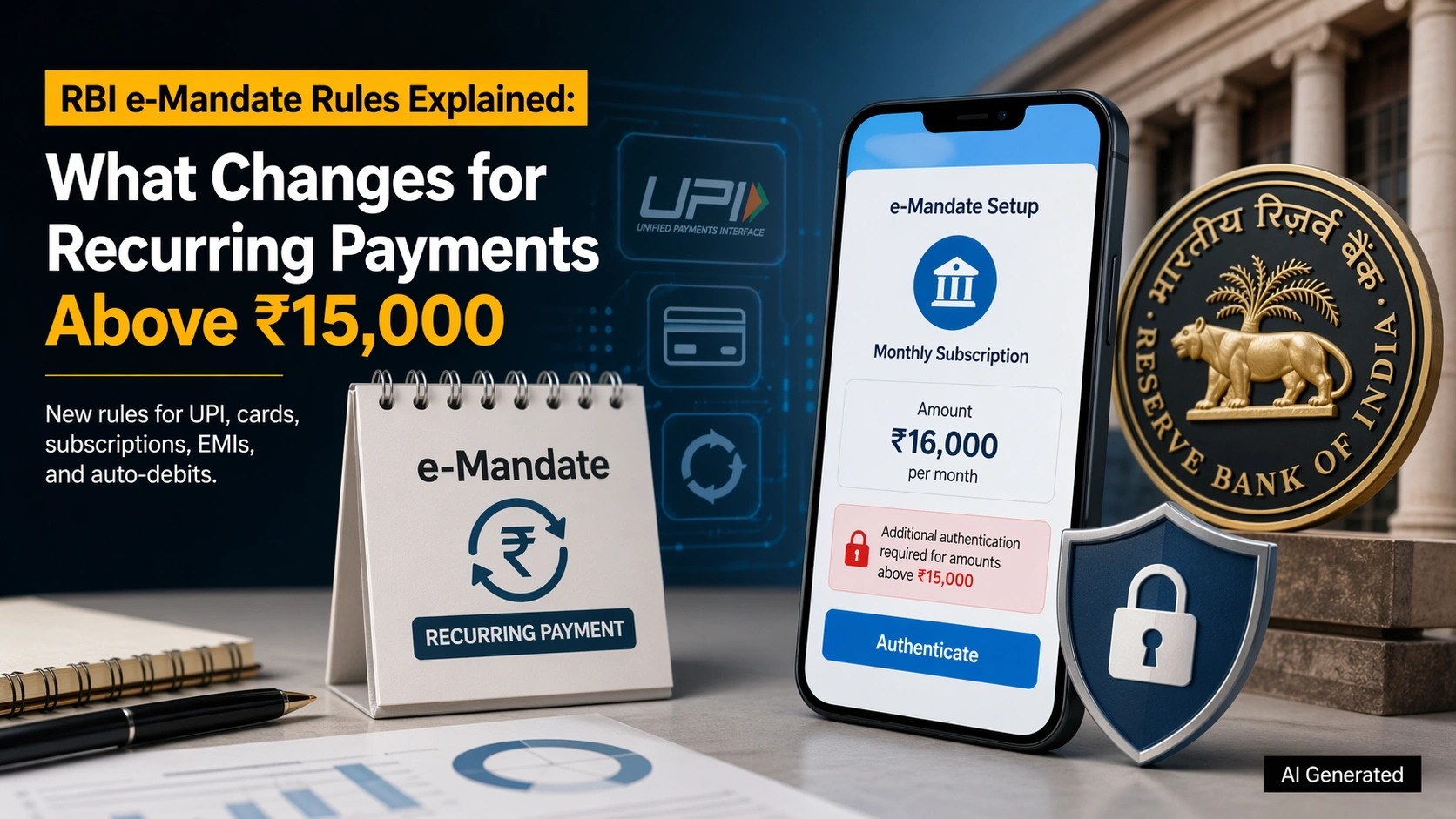RBI e-mandate rules showing ₹15,000 limit for recurring payments and additional authentication for higher transactions in India