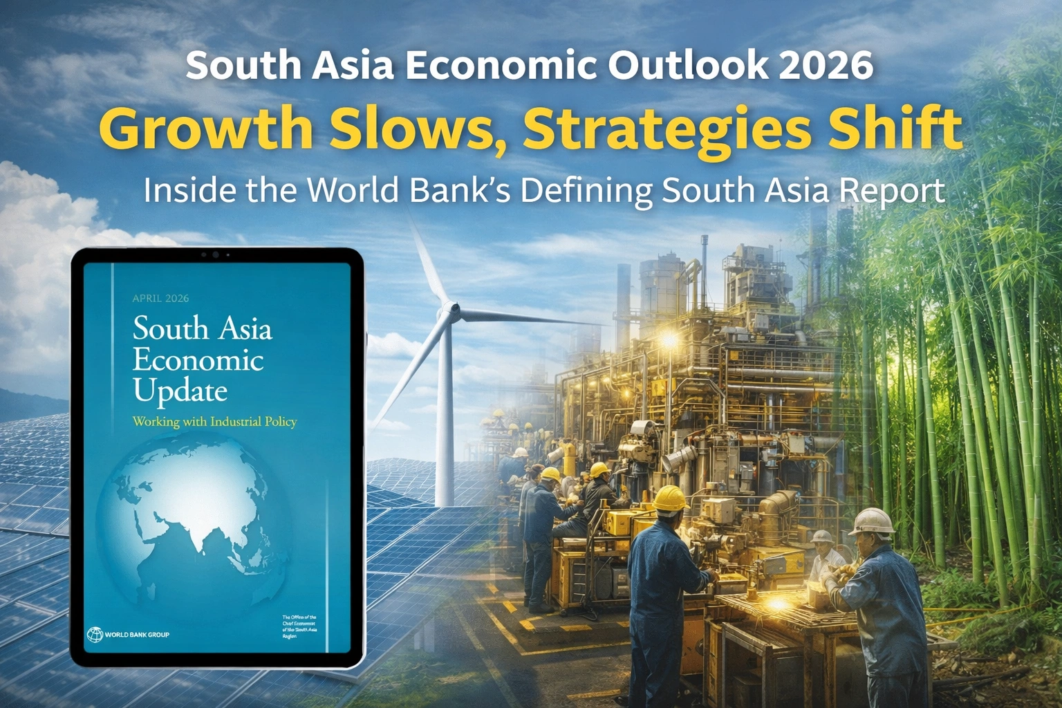 South Asia Economic Outlook 2026 featuring World Bank report, industrial growth, renewable energy, and bamboo sustainability