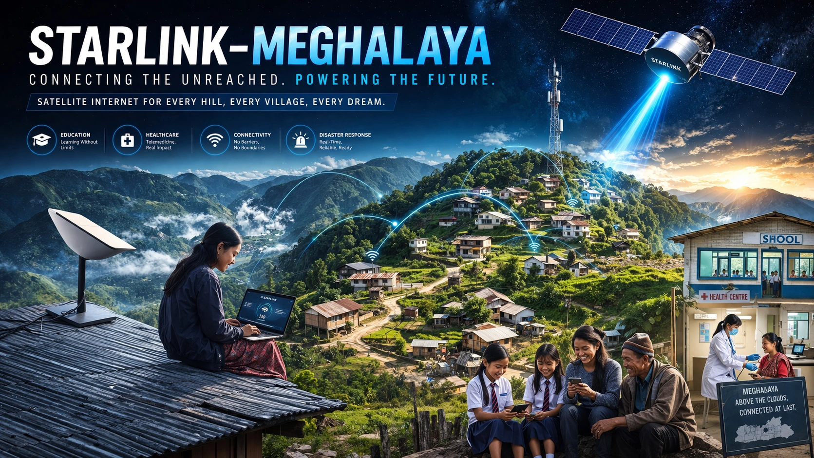 Illustration of Starlink satellite internet in Meghalaya showing rural villagers using high-speed internet with satellite dish and mountainous landscape