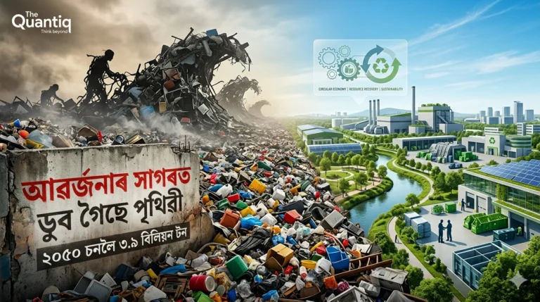 A conceptual split-screen 16:9 image showing a massive wave of plastic waste and trash on the left and a clean, futuristic green city with recycling symbols on the right. Includes Assamese text "আৱৰ্জনাৰ সাগৰত ডুব গৈছে পৃথিৱী" and The Quantiq logo.
