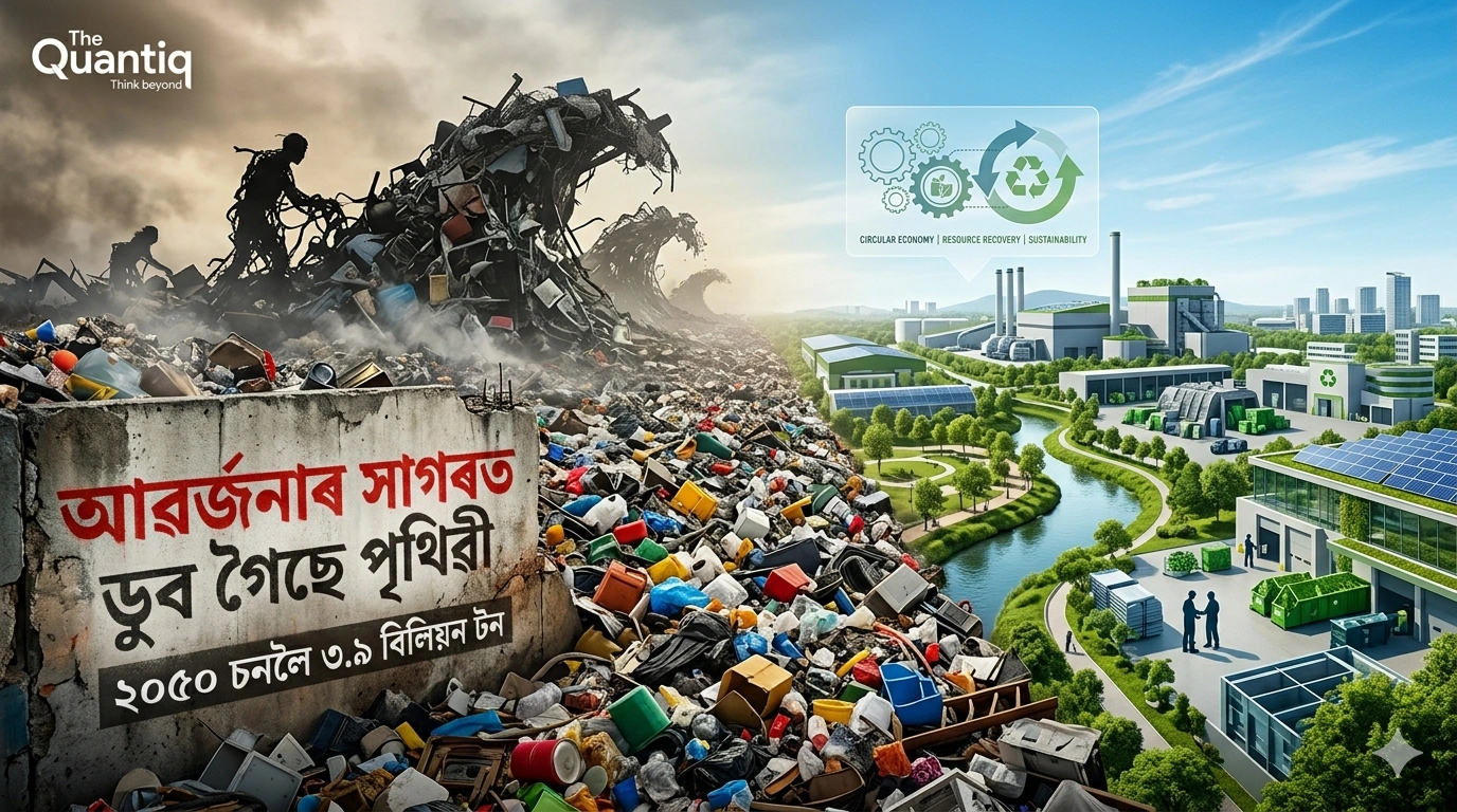 A conceptual split-screen 16:9 image showing a massive wave of plastic waste and trash on the left and a clean, futuristic green city with recycling symbols on the right. Includes Assamese text "আৱৰ্জনাৰ সাগৰত ডুব গৈছে পৃথিৱী" and The Quantiq logo.