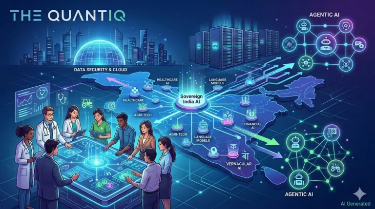 A futuristic digital illustration of the Indian AI ecosystem in 2026, featuring a glowing map of India with nodes for Sovereign AI, Agentic AI, and Vernacular AI, with diverse professionals analyzing data on a holographic interface.