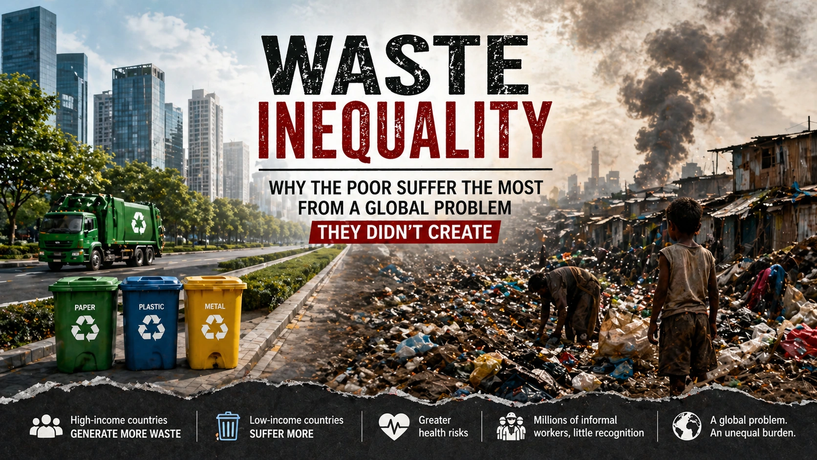 A contrasting image showing a clean modern city with recycling systems on one side and a polluted slum with waste and informal workers on the other, highlighting global waste inequality