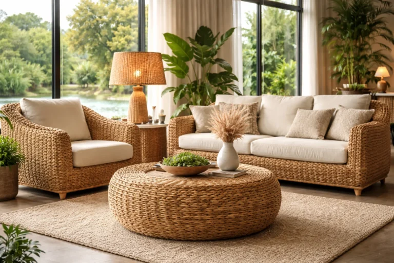 Contemporary luxury living room featuring eco-friendly water hyacinth furniture set with sofa, armchair, and coffee table in a modern sustainable interior