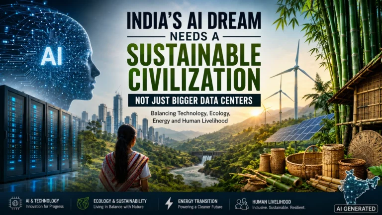 Illustration representing India’s AI future balanced with sustainability, ecology, renewable energy and human development