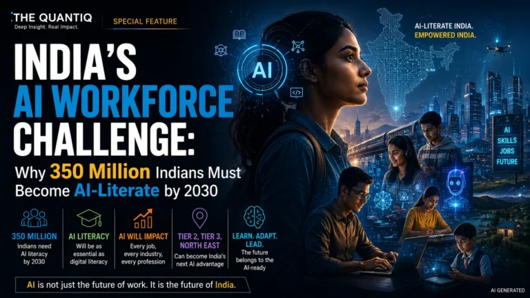 Futuristic editorial illustration depicting India’s AI workforce transformation, featuring young Indians learning AI skills, digital infrastructure, technology interfaces and the rise of AI literacy across the country.