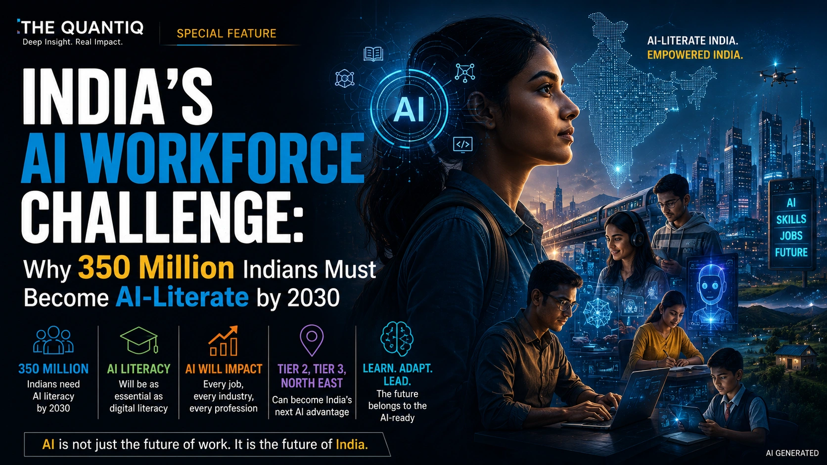 Futuristic editorial illustration depicting India’s AI workforce transformation, featuring young Indians learning AI skills, digital infrastructure, technology interfaces and the rise of AI literacy across the country.