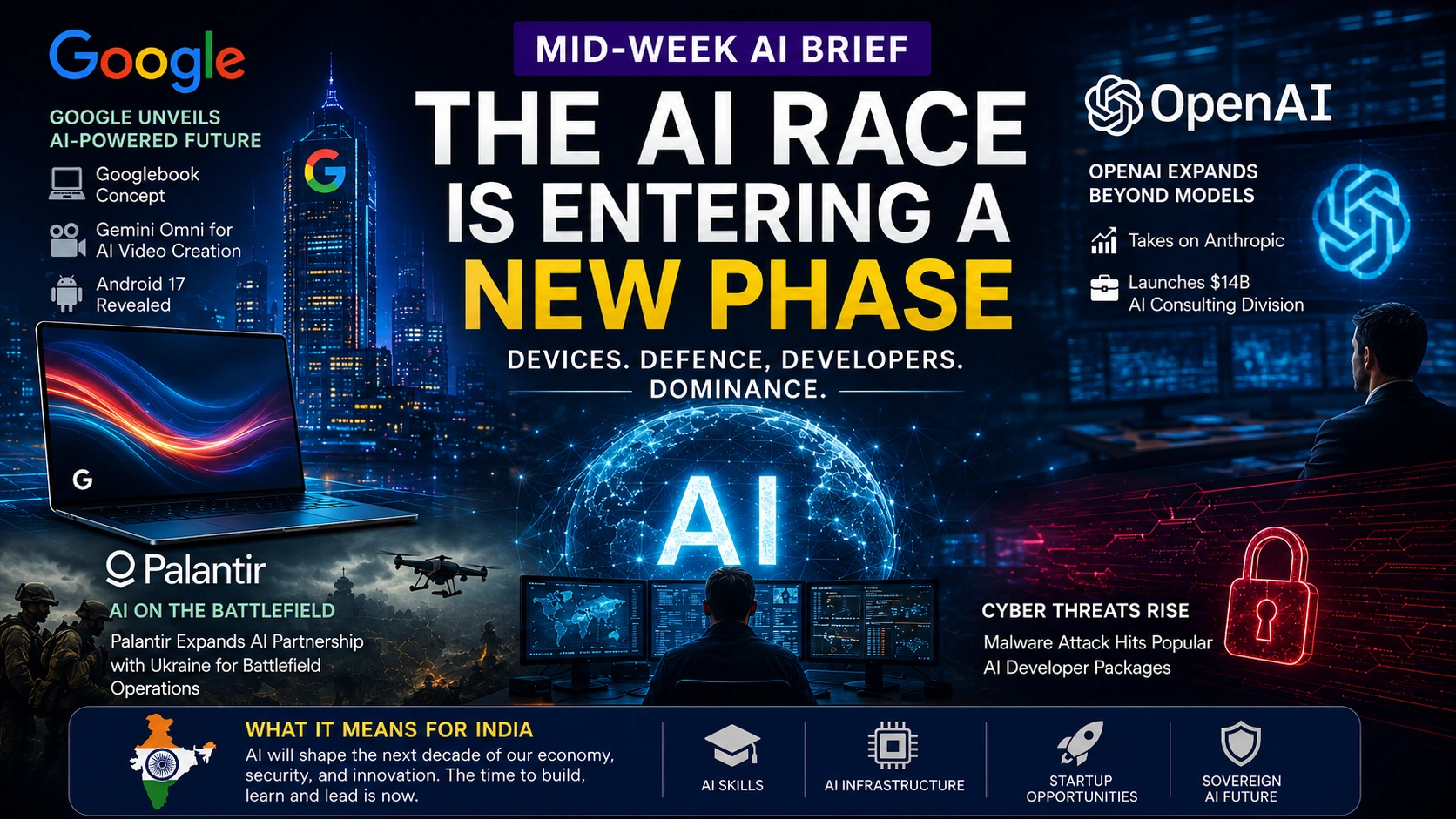 Illustration representing the expanding global AI race involving Google, OpenAI and Palantir.