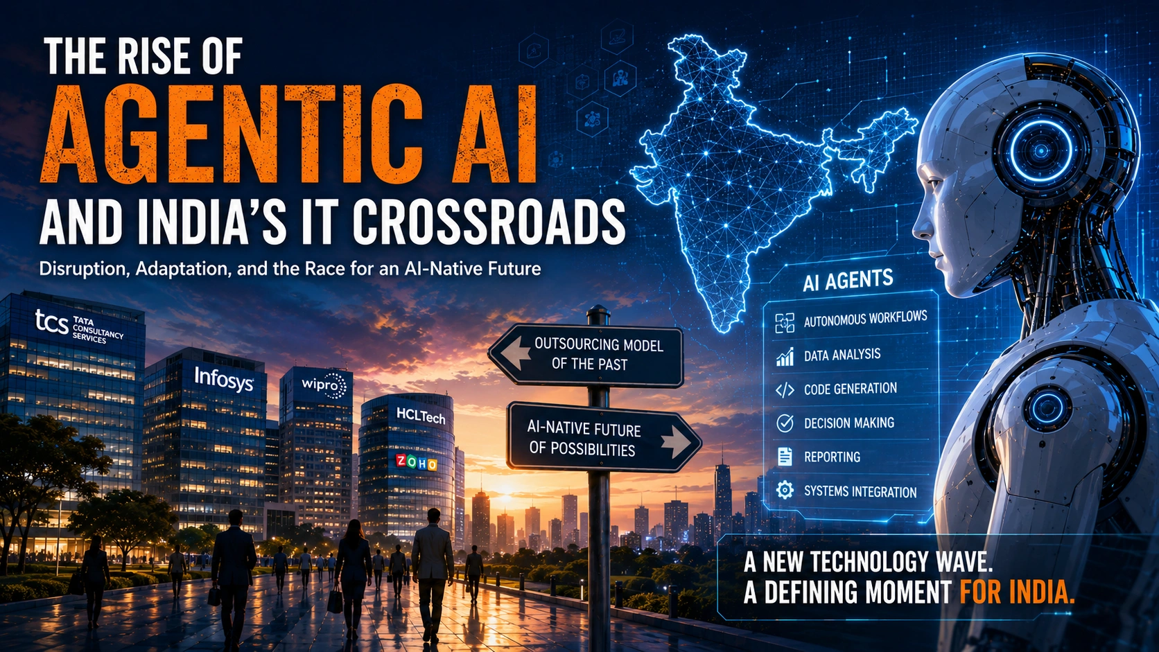 Futuristic editorial illustration showing a humanoid AI agent overlooking India’s technology sector with buildings representing Indian IT giants and digital AI interfaces symbolizing the rise of agentic AI.