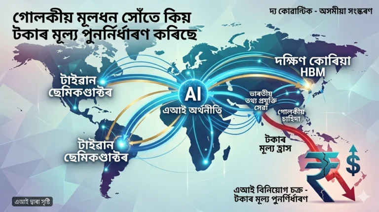 An infographic illustrating the shift of global capital to AI hubs like Taiwan and South Korea, and its impact on the weakening Indian Rupee.