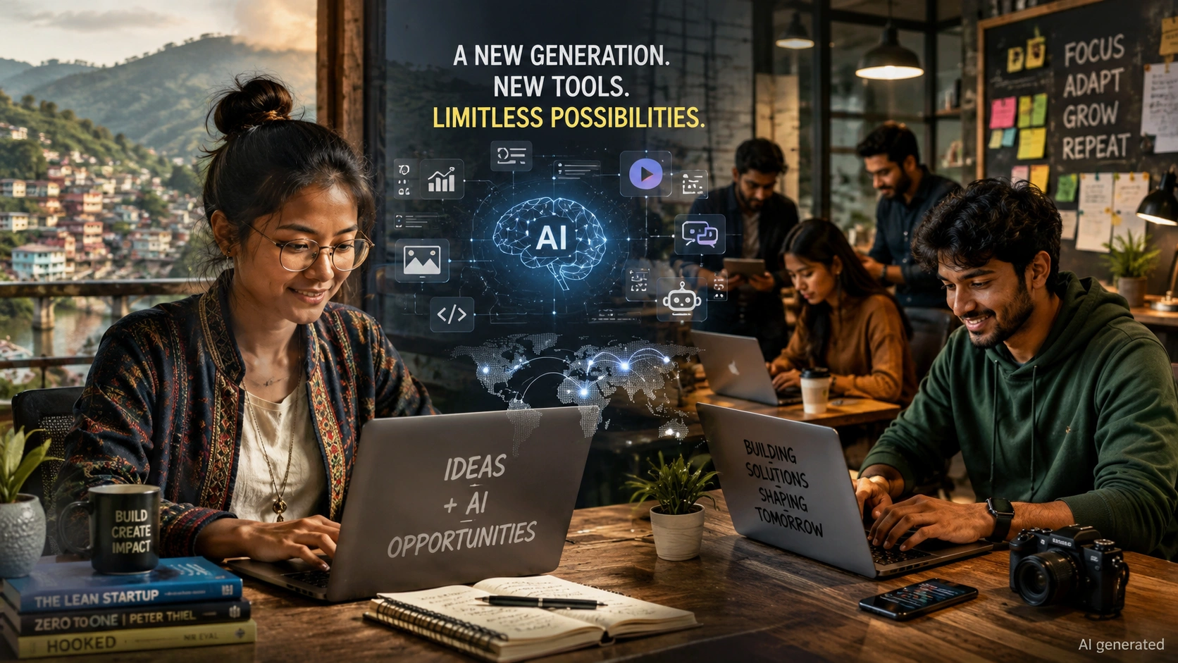 Young Indian entrepreneurs using AI tools and digital technology to build startups and independent careers in a collaborative modern workspace.