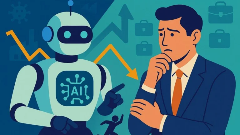 An editorial illustration depicting a thinking professional alongside a corporate robot, representing AI and jobs restructuring in the global economy.