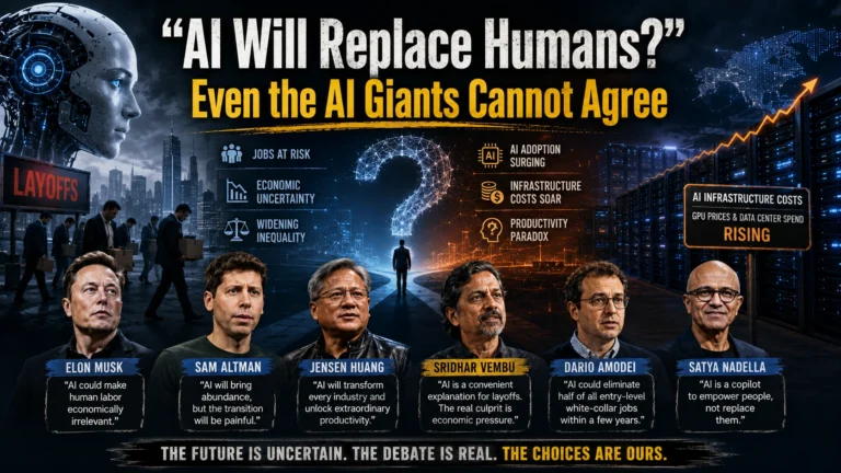 A futuristic editorial illustration depicting artificial intelligence, corporate layoffs, rising AI infrastructure costs and conflicting perspectives from global tech leaders including Elon Musk, Sam Altman, Jensen Huang, Sridhar Vembu and Satya Nadella on the future of jobs and humanity.