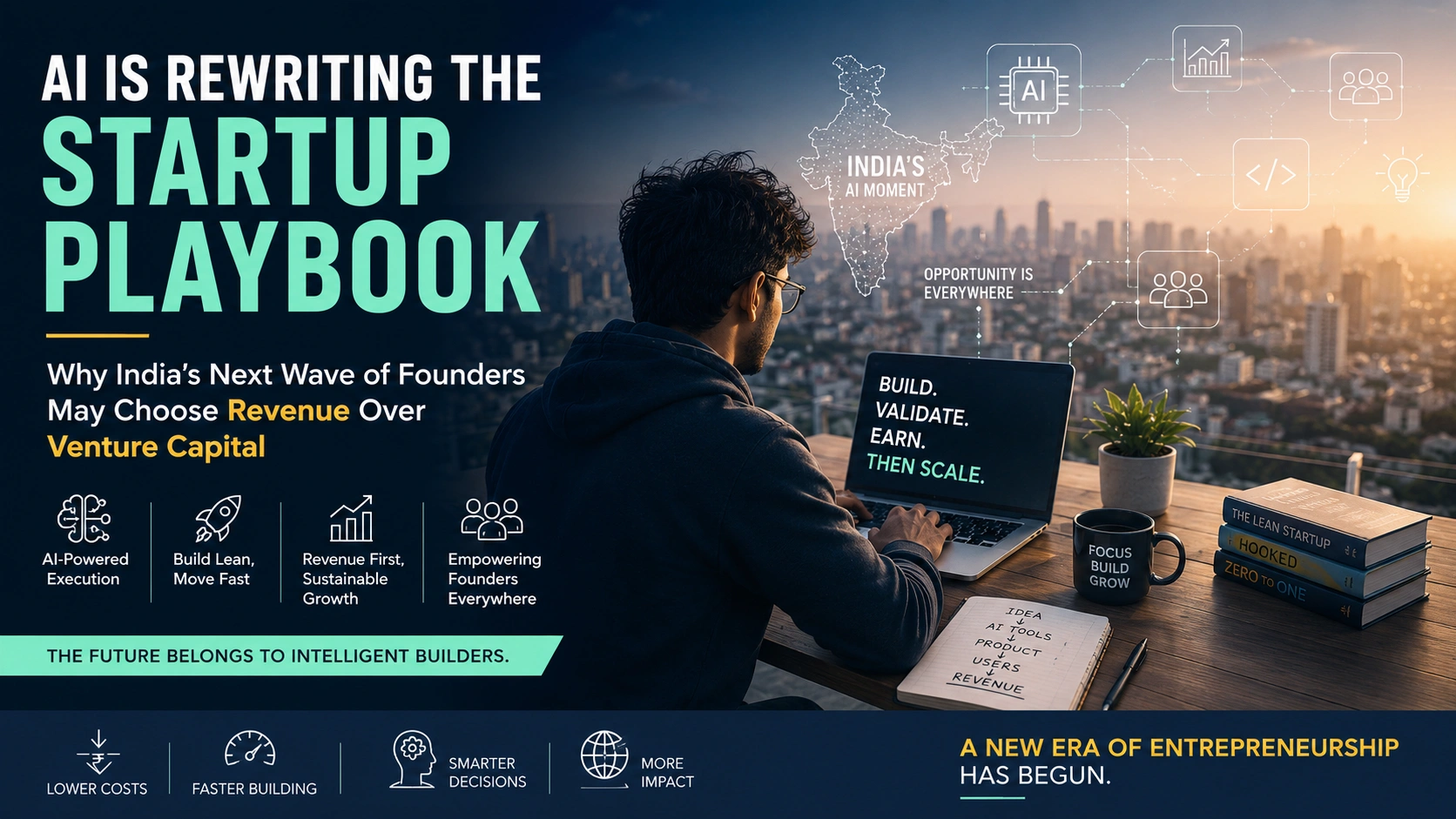 AI-powered entrepreneur building a lean startup in India using artificial intelligence tools instead of relying on venture capital funding.