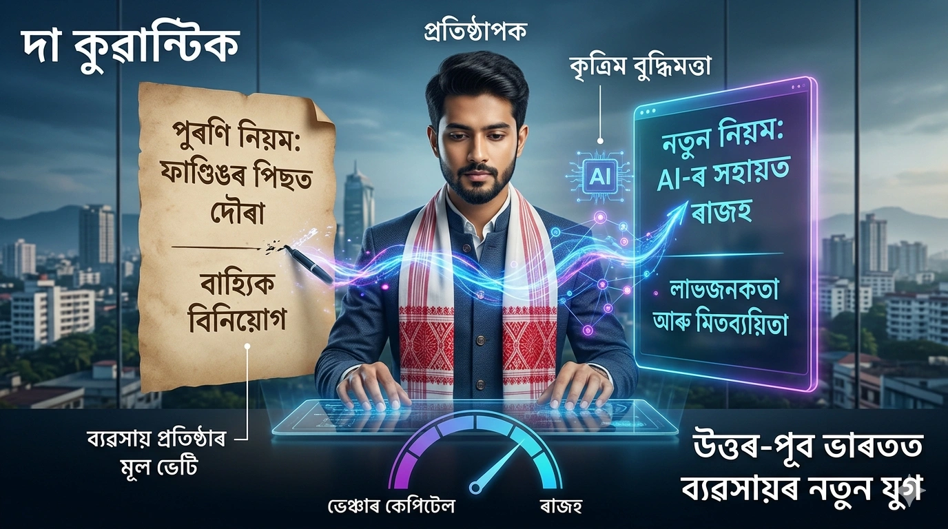 A 16:9 infographic style image featuring a modern Assamese founder at a digital console. On the left, an old parchment represents the past rule 'Chasing Funding', while on the right, a futuristic screen displays the new rule 'Revenue with AI Help'. A gauge transitions from 'VC' to 'Revenue', with the Guwahati skyline blurred in the background. Includes Assamese text labels.