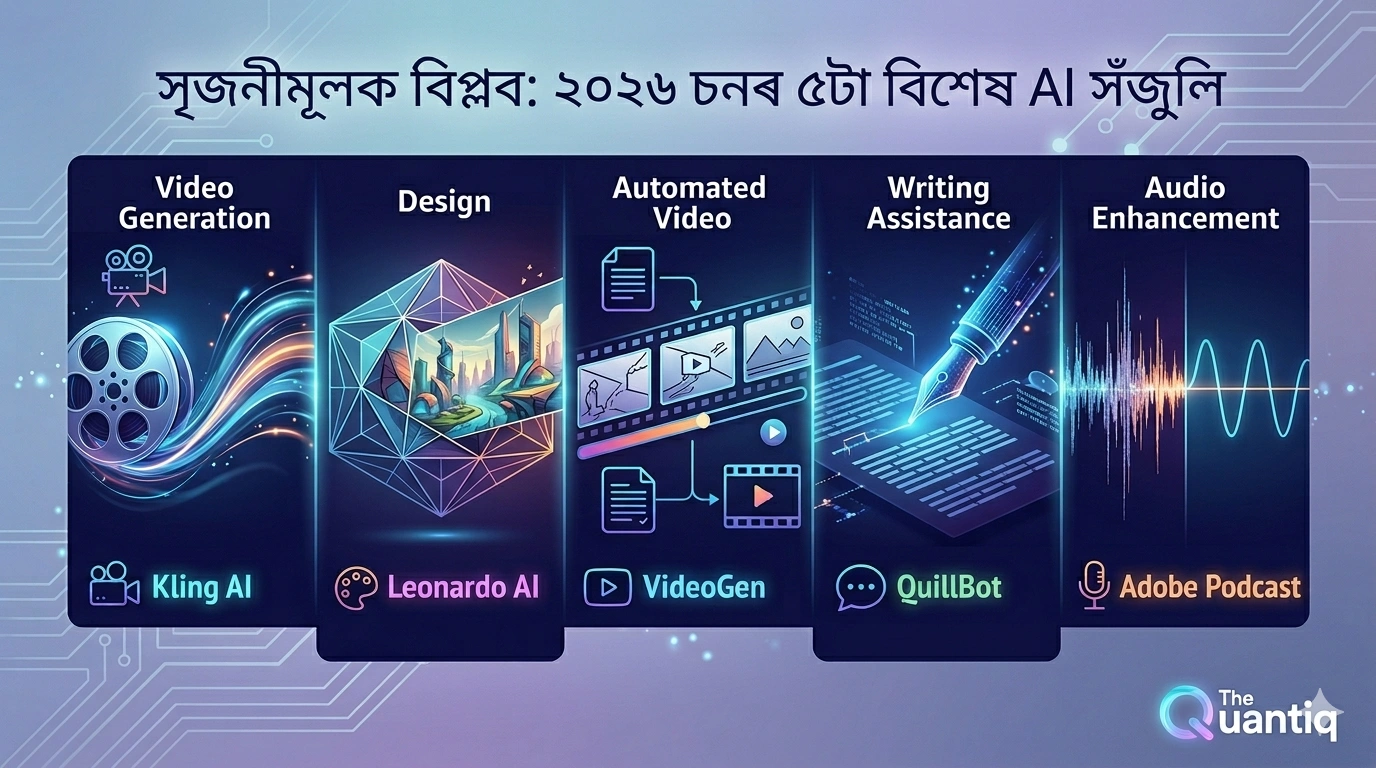 চিনেমেটিক ভিডিঅ’, ডিজাইন, লিখন সহায় আৰু অডিঅ’ উন্নত কৰাৰ ৫টা এআই (AI) সঁজুলিৰ তথ্যচিত্ৰ, ২০২৬।