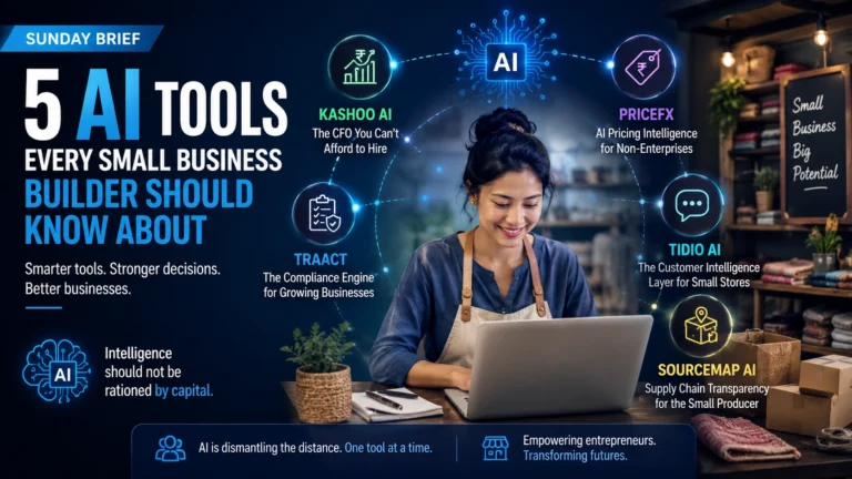 Illustration of AI tools helping small businesses with finance, pricing, compliance, customer analytics, and supply chain intelligence in 2026.