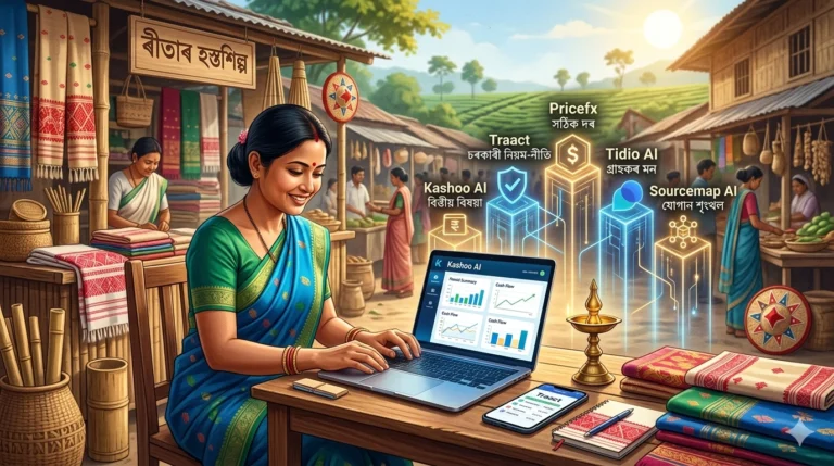 এজন অসমীয়া ক্ষুদ্ৰ ব্যৱসায়ীয়ে মেখেলা চাদৰ পিন্ধি লেপটপত AI সঁজুলি ব্যৱহাৰ কৰি থকাৰ এক দৃশ্য, পাছফালে পৰম্পৰাগত অসমীয়া বজাৰৰ পৰিৱেশ।