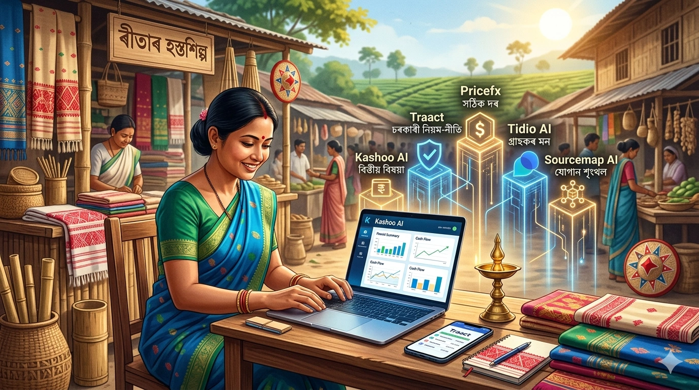 এজন অসমীয়া ক্ষুদ্ৰ ব্যৱসায়ীয়ে মেখেলা চাদৰ পিন্ধি লেপটপত AI সঁজুলি ব্যৱহাৰ কৰি থকাৰ এক দৃশ্য, পাছফালে পৰম্পৰাগত অসমীয়া বজাৰৰ পৰিৱেশ।