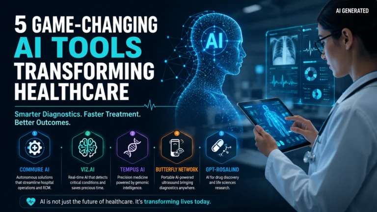 Futuristic AI-powered healthcare scene featuring a doctor using digital medical interfaces and artificial intelligence technologies transforming diagnostics, precision medicine, and hospital operations.