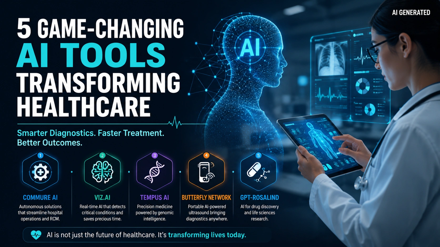 Futuristic AI-powered healthcare scene featuring a doctor using digital medical interfaces and artificial intelligence technologies transforming diagnostics, precision medicine, and hospital operations.