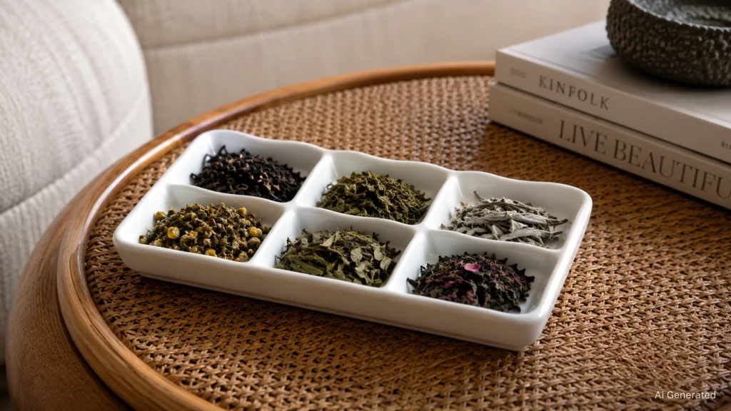 Compartmentalised bone china tray displaying assorted handmade artisanal tea samples on a high-end rattan side table inside a minimalist luxury residence.