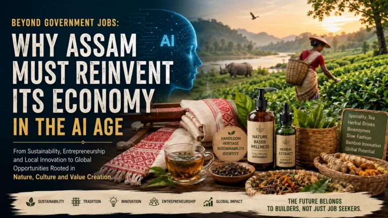 Editorial illustration depicting Assam’s economic future in the AI age, featuring AI technology, handloom textiles, speciality tea, herbal wellness products, sustainability, and entrepreneurship in Northeast India.