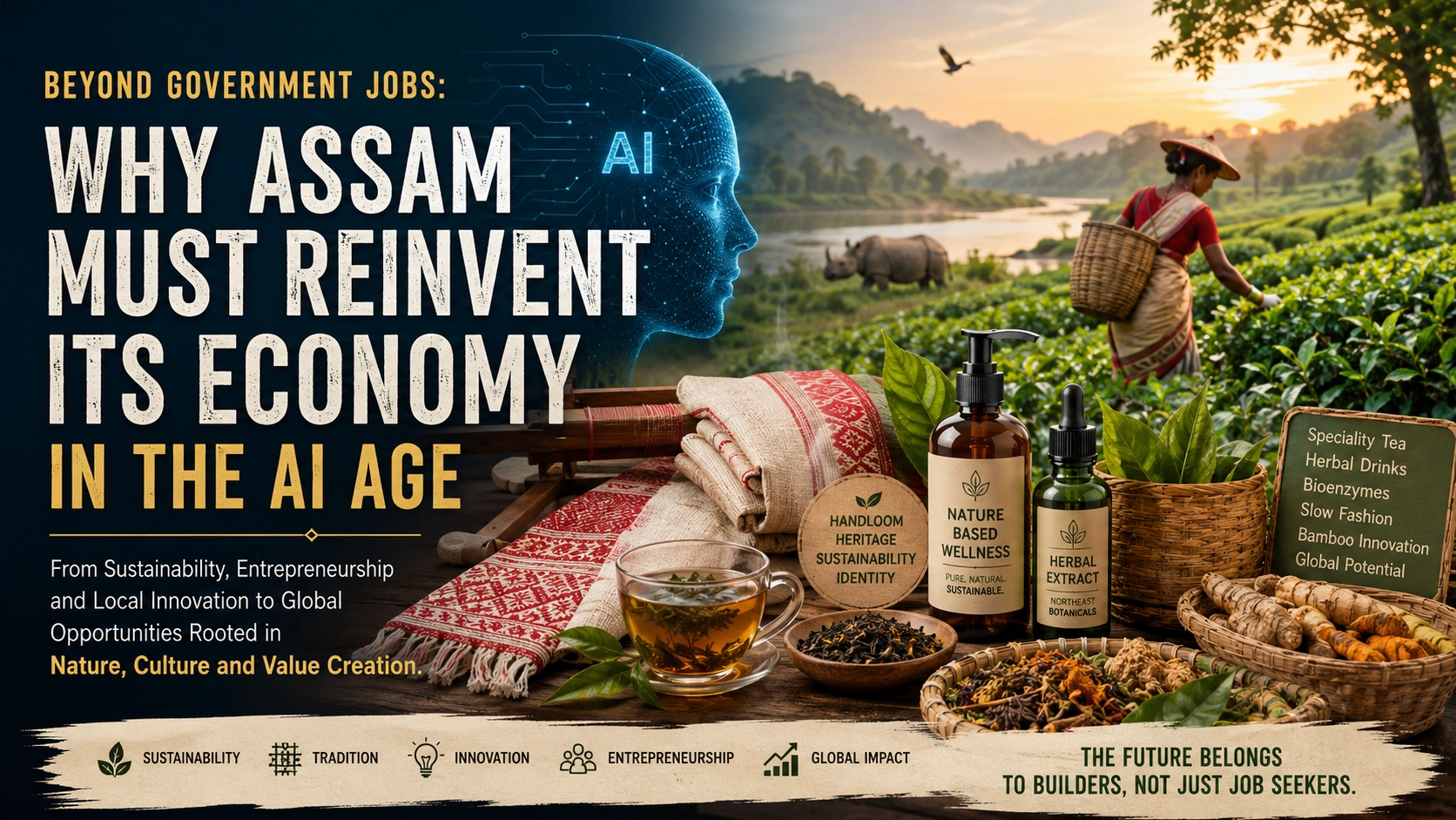 Editorial illustration depicting Assam’s economic future in the AI age, featuring AI technology, handloom textiles, speciality tea, herbal wellness products, sustainability, and entrepreneurship in Northeast India.