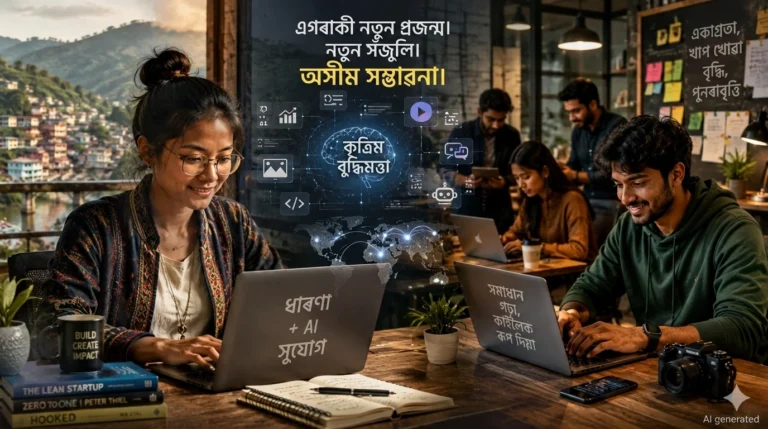A high-definition 16:9 digital illustration showing a group of young professionals in a modern, rustic office setting using laptops. A glowing digital AI brain hologram with Assamese text floats in the center, surrounded by connectivity icons.