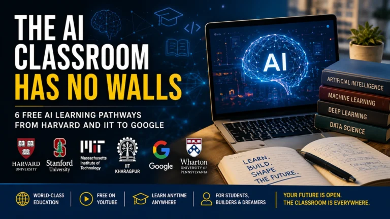 Digital banner showing free AI learning pathways from Harvard, Stanford, MIT, IIT Kharagpur, Google and Wharton with AI-themed learning visuals and online education concept