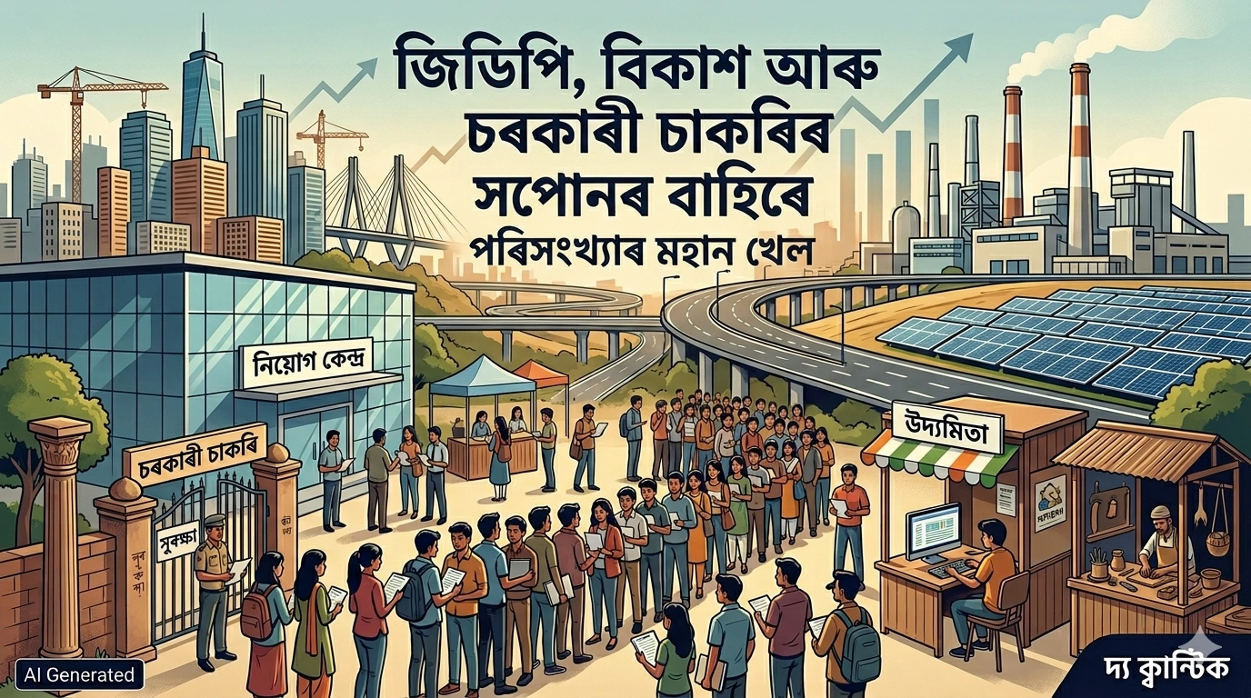 An illustrative editorial graphic showcasing the economic paradox: modern highways, solar panels, and skyscrapers rising in the background, contrasted with a long queue of youth waiting outside a government employment center alongside local entrepreneurship stalls in the foreground.