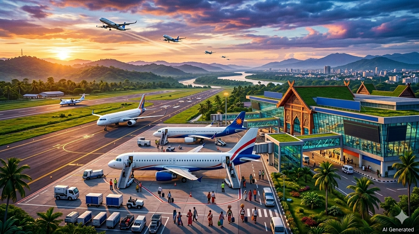 A wide-angle landscape photograph of a modern, multi-story airport terminal with multiple green grass-covered roof levels, set against a backdrop of rolling forested hills, a winding river, and a distant city at sunset.
