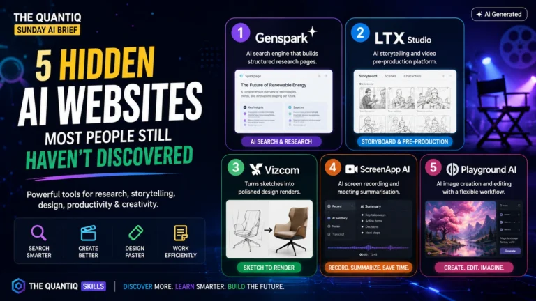 Featured image for The Quantiq Sunday AI Brief highlighting five hidden AI websites including Genspark, LTX Studio, Vizcom, ScreenApp AI and Playground AI with AI Generated label.