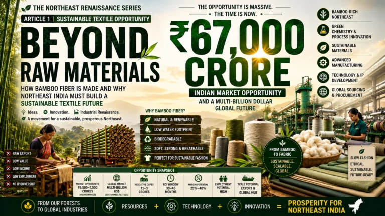 Featured image showing bamboo fibre, sustainable textile manufacturing and Northeast India’s opportunity to build a global natural-fibre and slow-fashion ecosystem.