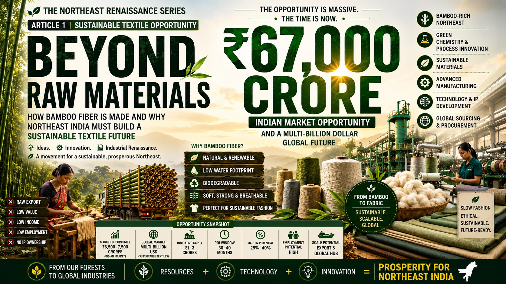 Featured image showing bamboo fibre, sustainable textile manufacturing and Northeast India’s opportunity to build a global natural-fibre and slow-fashion ecosystem.