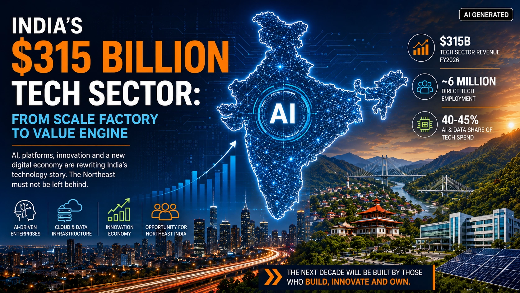 AI-generated editorial illustration showing India's $315 billion technology sector, AI-driven digital economy, and Northeast India opportunity landscape.