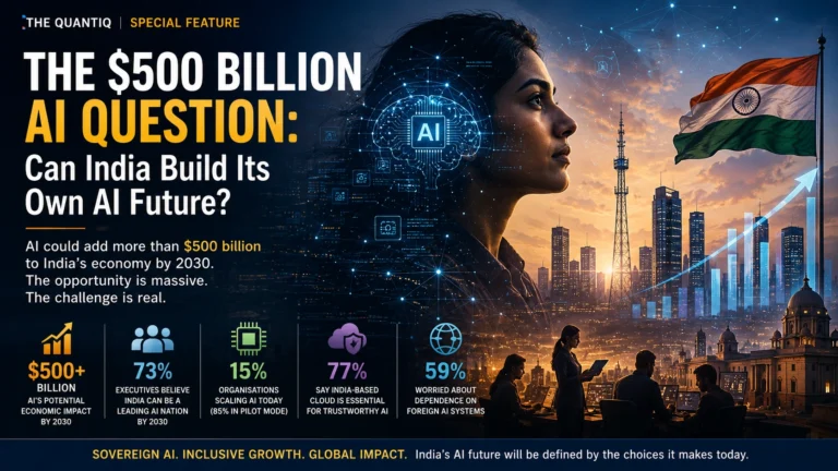 Futuristic editorial illustration representing India’s artificial intelligence economy, featuring AI infrastructure, digital growth, data visualisation and India’s emerging sovereign AI ambitions.