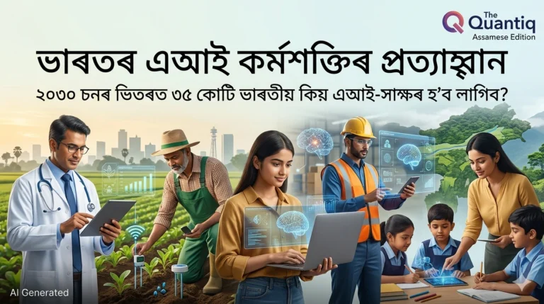 A 16:9 featured image for The Quantiq Assamese Edition, showing a diverse group of Indian professionals (doctor, farmer, technologist, student) collaborating with holographic AI interfaces, with Assamese text overlay.