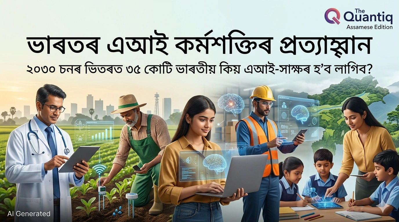 A 16:9 featured image for The Quantiq Assamese Edition, showing a diverse group of Indian professionals (doctor, farmer, technologist, student) collaborating with holographic AI interfaces, with Assamese text overlay.