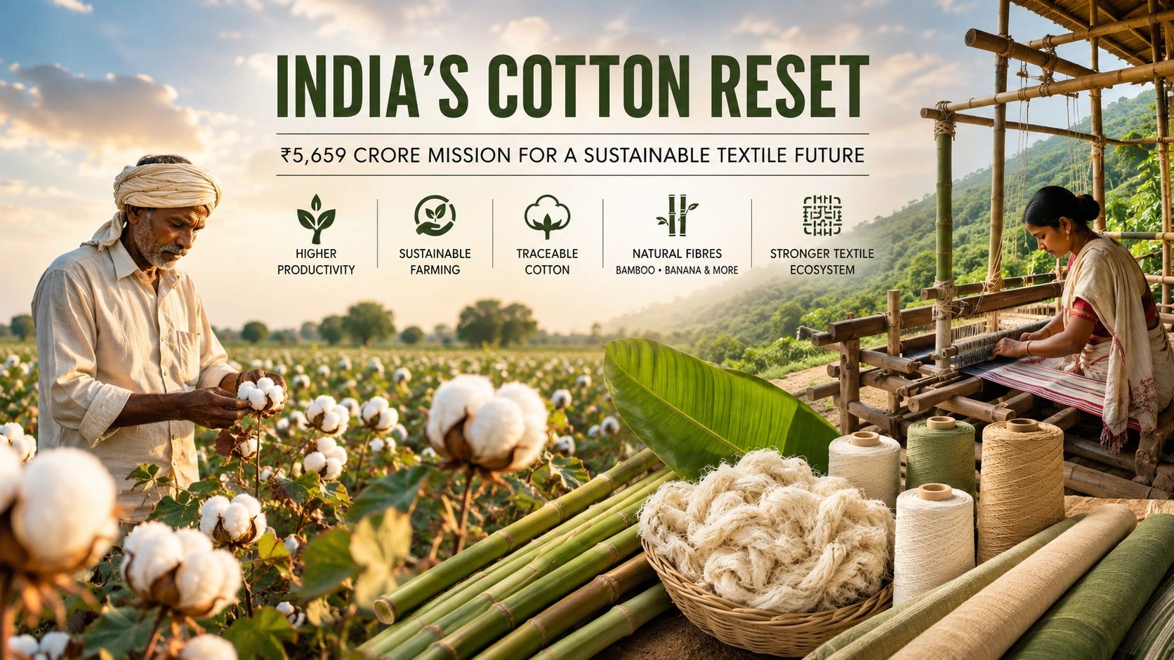 Cotton field and natural fibre textile ecosystem representing India’s sustainable textile mission
