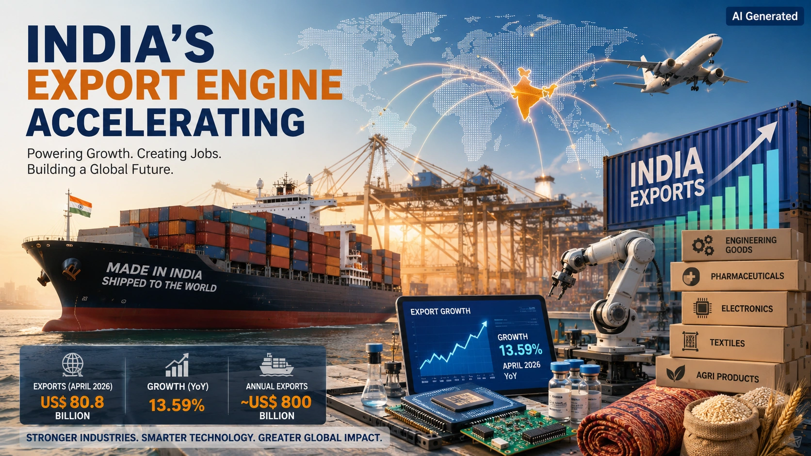 AI-generated editorial illustration showing India’s growing export economy with cargo ships, container ports, industrial robotics, electronics manufacturing, pharmaceuticals, global trade routes, and export growth data visuals.