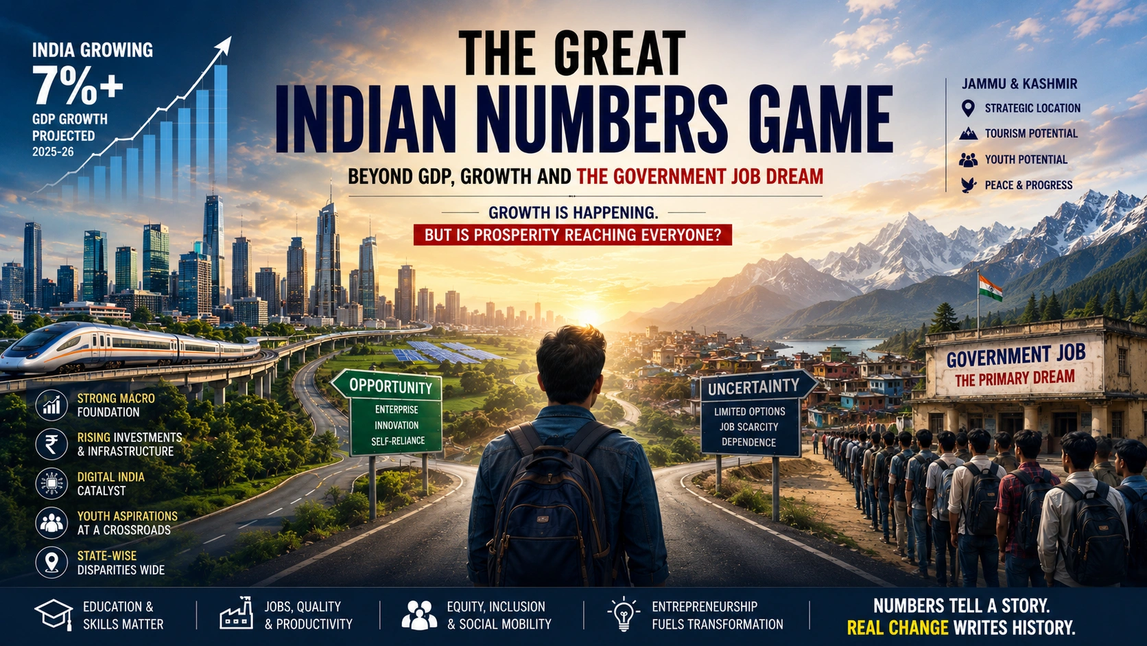 AI-generated editorial illustration depicting India's growth paradox with urban development, economic charts, and youth facing employment and opportunity challenges.